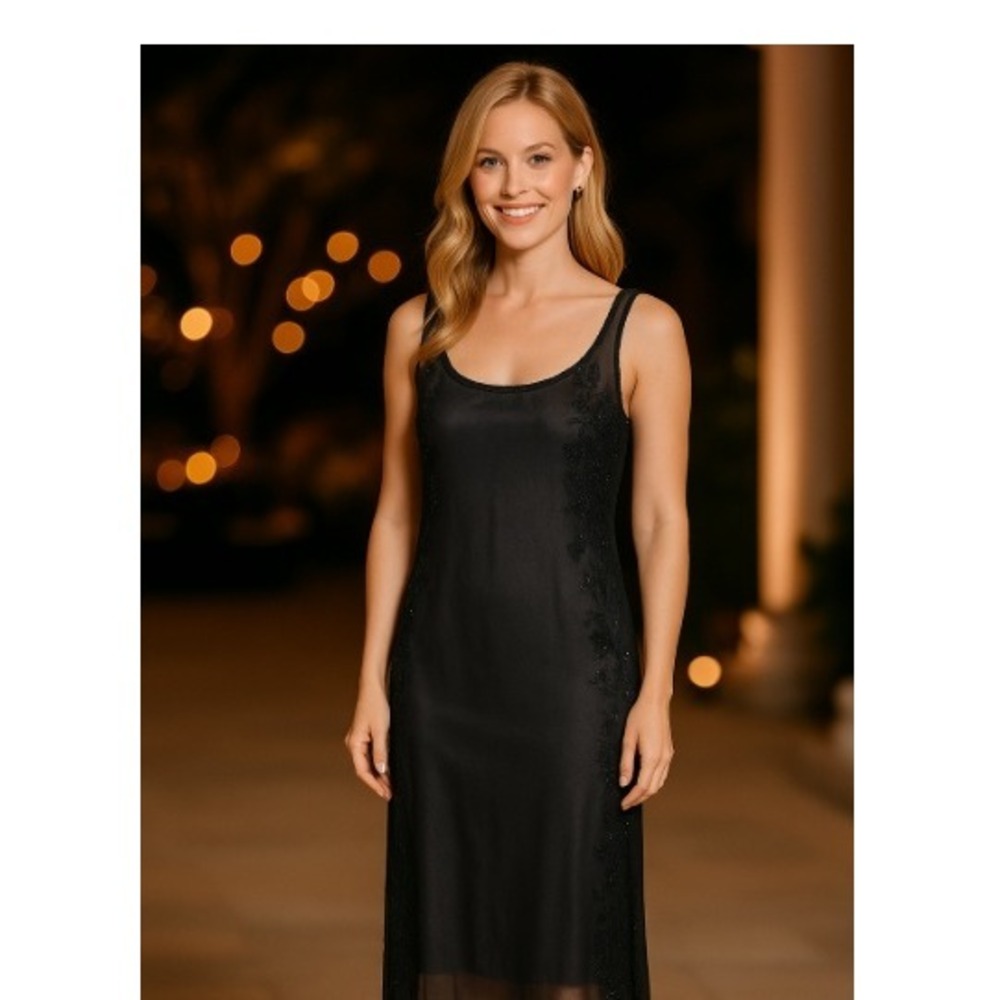 Tahari Black Beaded Embroidered Sheer Overlay Dress, Gray Slip‎ Women's Midi